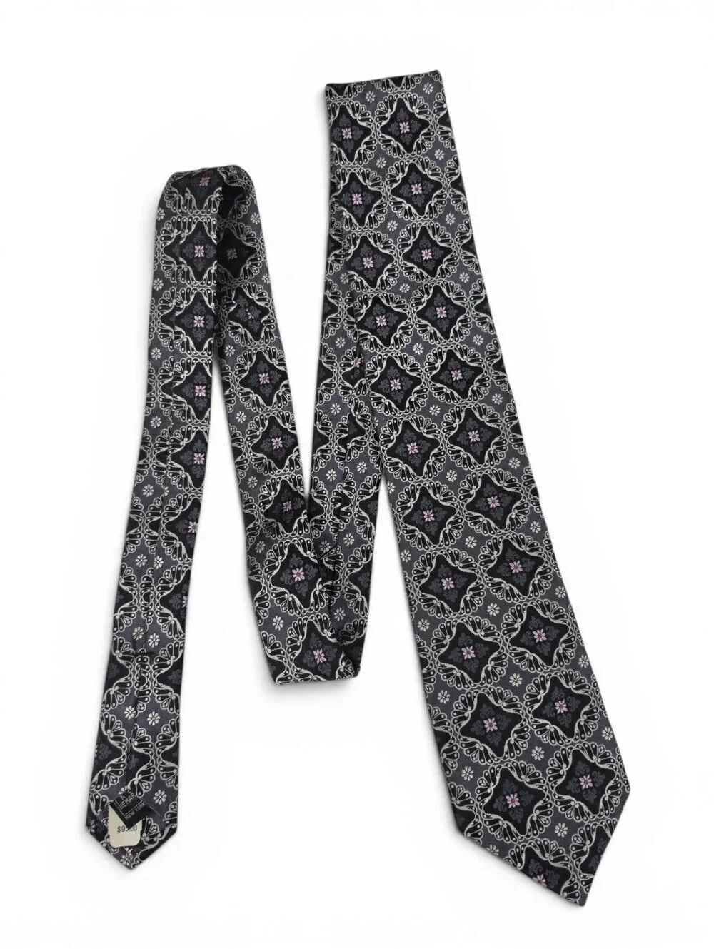 Ike Behar Men's Black Gray Patterned Silk Tie with Subtle Purple Accent Necktie